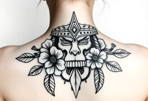 powerful shaman with flowers and spears from Nunavut and representing pain, anger love and healing for front of neck tattoo idea