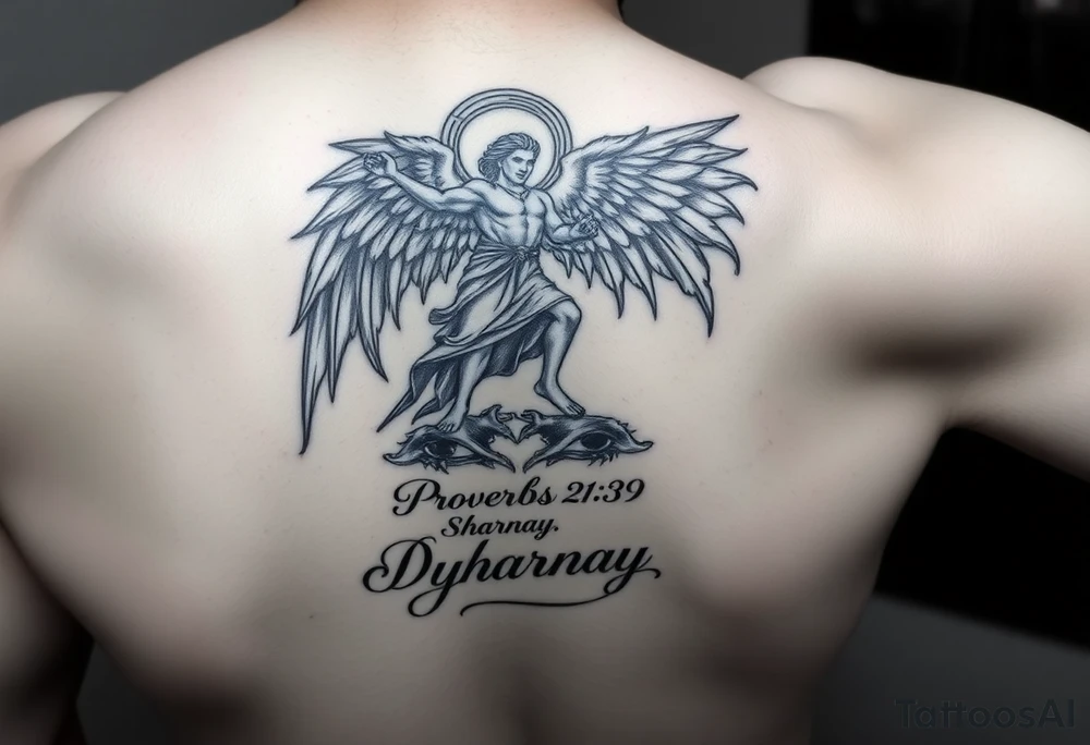 i want to fill my whole forearm so a full half sleeve can you generate archangel micheal stepping on the devils head like defeating him and then can you put  proverbs 21:39 below and put my moms name “Sharnay” with her eyes and fill wtv you want in with the rest just match the theme tattoo idea