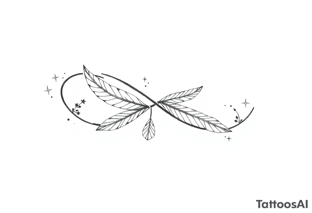 infinity symbol woven with floating feathers and stardust tattoo idea