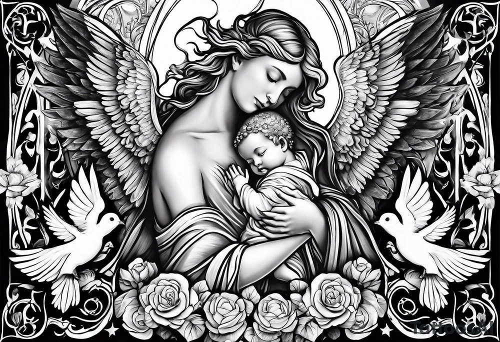Birth date of my son, touch of god, angels, doves, full outside sleeve tattoo idea