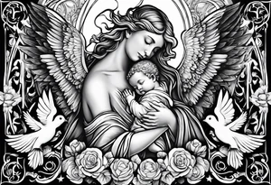 Birth date of my son, touch of god, angels, doves, full outside sleeve tattoo idea