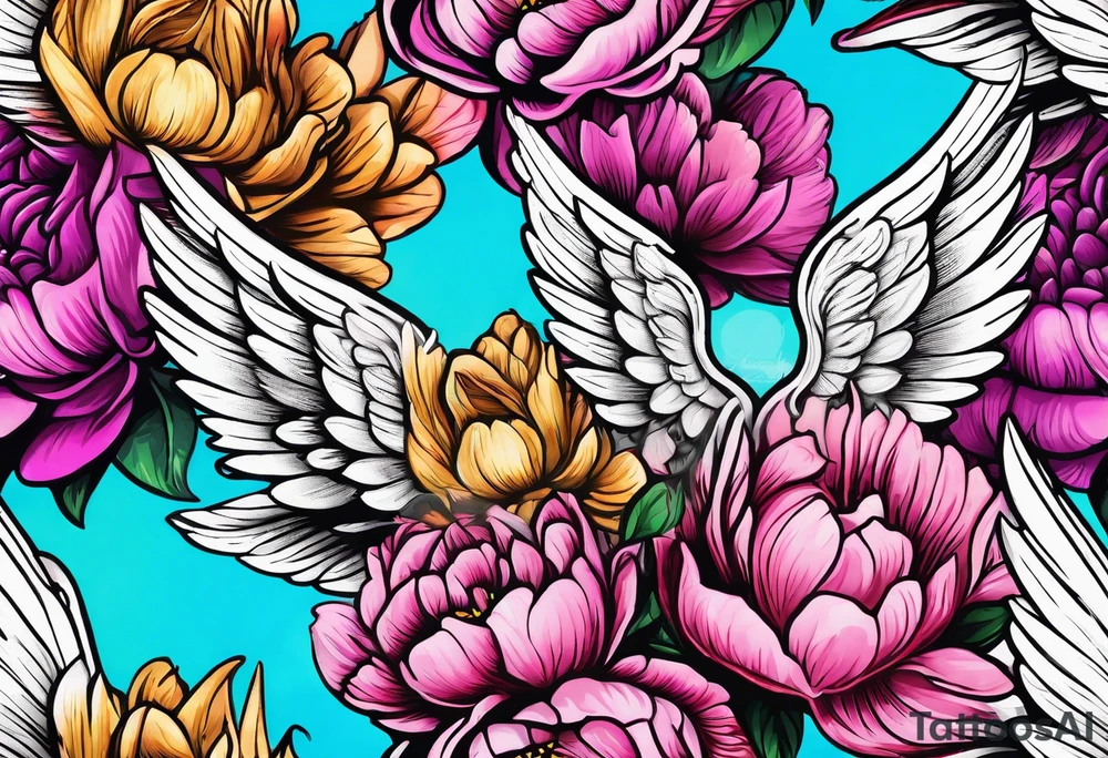 beautiful colorful neon angel wings, surrounded by beautiful peonies, new school style, streetwear, urban wear, white background tattoo idea