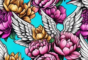 beautiful colorful neon angel wings, surrounded by beautiful peonies, new school style, streetwear, urban wear, white background tattoo idea