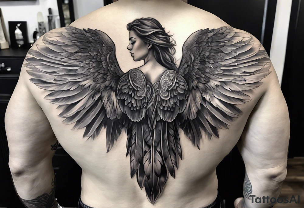Realistic angel wings extending from a mens shoulders, covering the upper arms and upper back. The feathers are intricately detailed, with soft shading in black and gray to create depth and texture. The wings gently converge in the middle of the back, forming a harmonious and cohesive design. tattoo idea