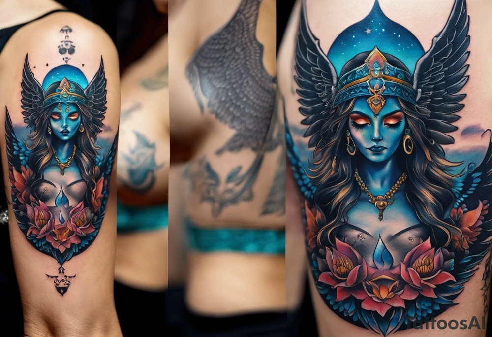 black kali, goddess pirate, alien, angel, pachamama, valkrye, warrior, flying, skull, lotus azul, wing, eagle, zenza resonance, stars, 5D, anahata chakra, death, durga, riding on a tiger, flying lady, kundalini, chest tatoo tattoo idea