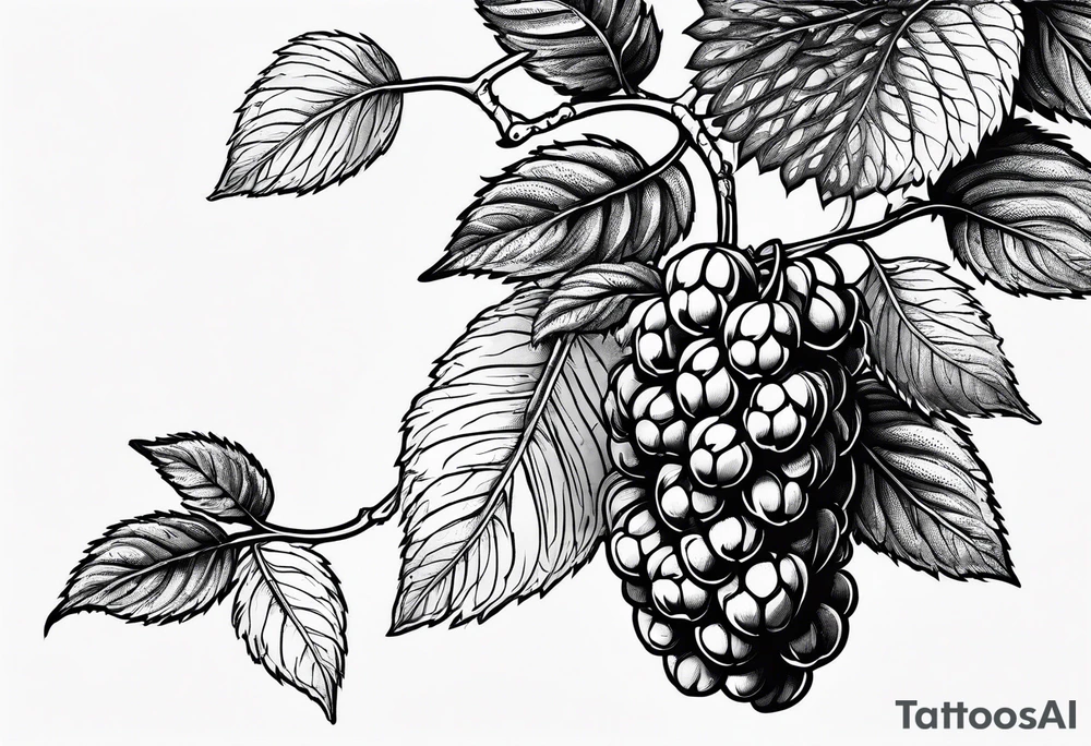 a single long raspberry branch with lots of leaves that is hanging upside down tattoo idea