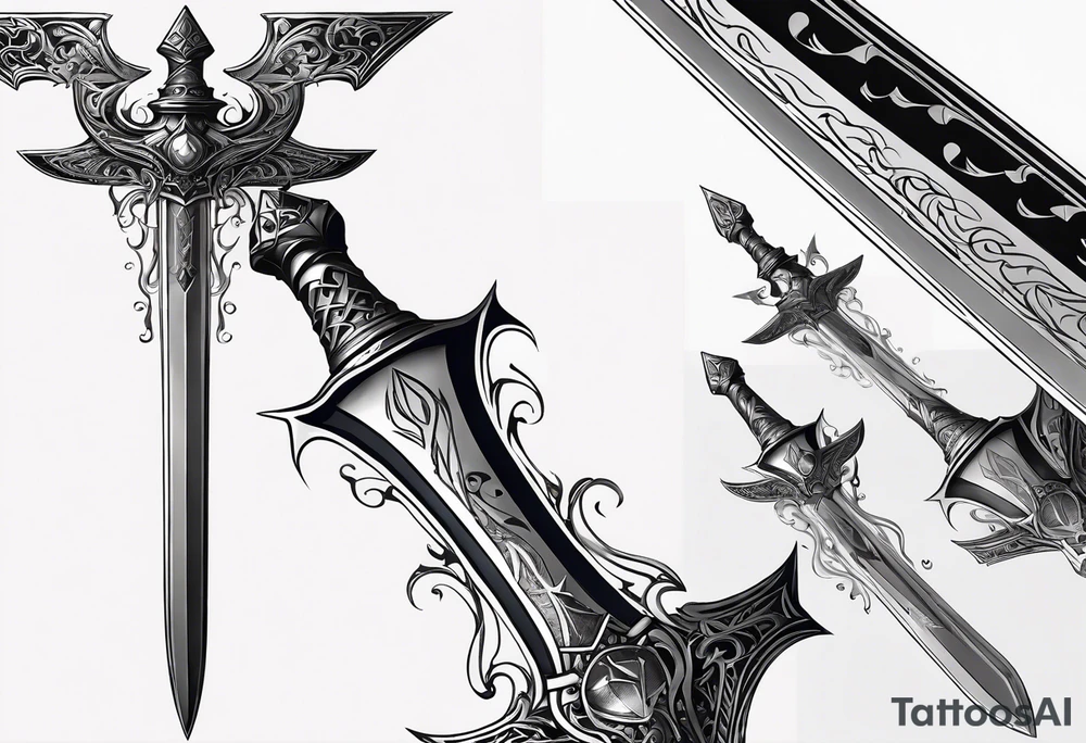 A classy sketch of the Master Sword standing upright, with subtle, delicate symbols of the elements—flame, water droplet, leaf, and wind swirl—integrated into the blade and hilt tattoo idea