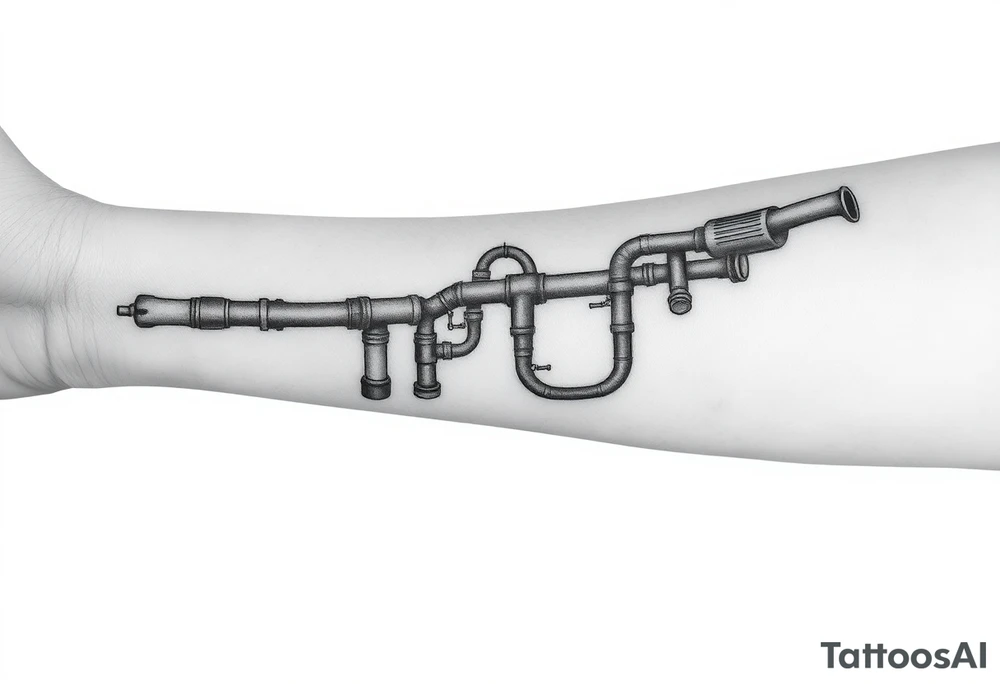 long System of pipes that transitions into veins of forearm. Top pipe starts closer to the elbow tattoo idea
