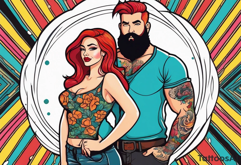 Busty Red haired woman with black haired bearded man tattoo idea