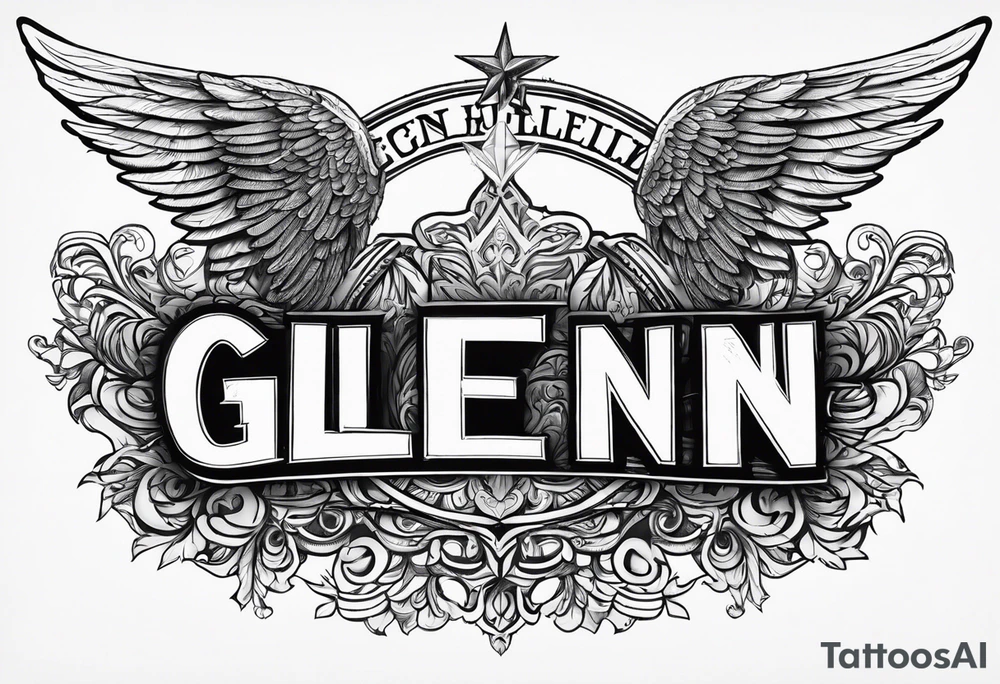 The word Glenn on a banner with angel Wings tattoo idea