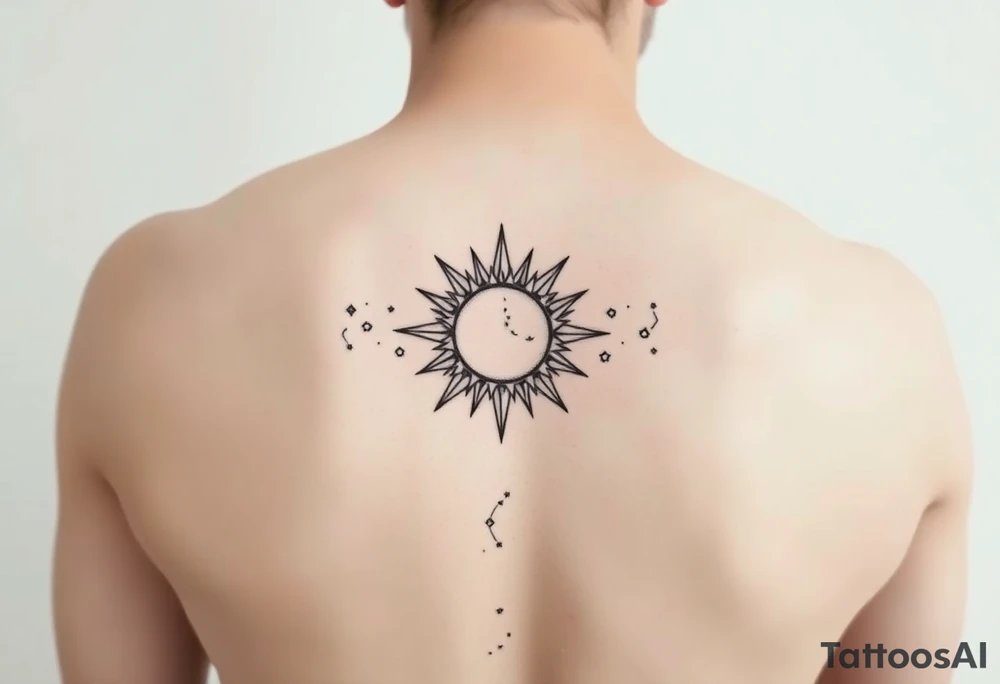 celestial sun and moon embrace with constellation patterns tattoo idea
