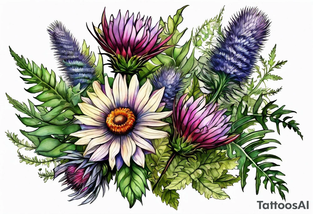 mixed wildflower bouquet with ferns, thistle and with watercolor to go along foot tattoo idea