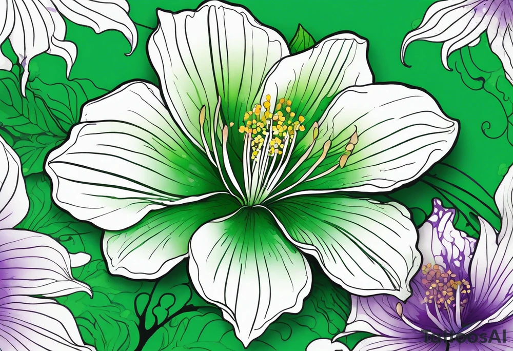 An outline of a green rio dipladenia flower and a green and purple watercolor splash in the background tattoo idea