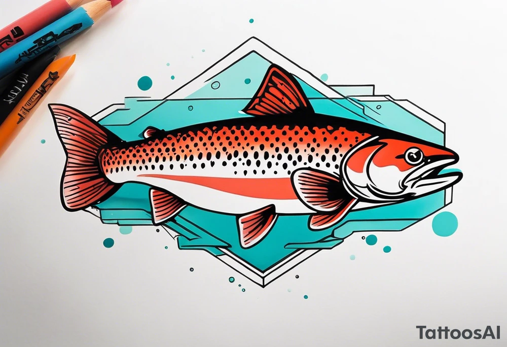 "A small tattoo featuring a lovestruck trout as the main theme, drawn without lines, using only color combinations." tattoo idea