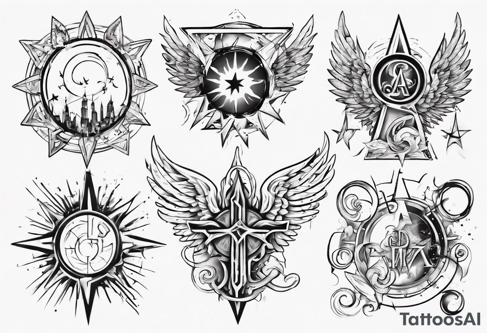 abstraction with sun and letters and angels tattoo idea