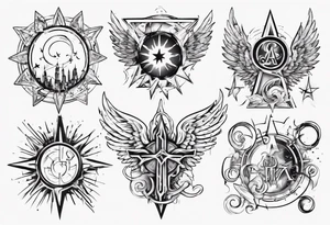 abstraction with sun and letters and angels tattoo idea