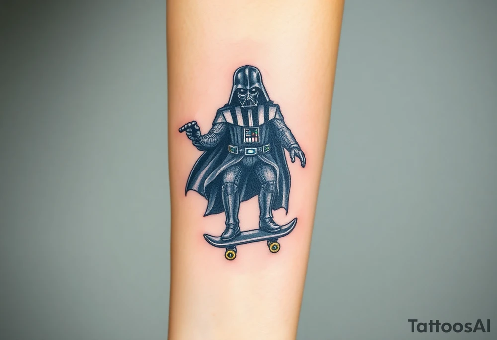 Darth Vader skateboarding holding 9mm beretta > bullets > memorial > god > colors > futuristic 
add name "Darth Carter" on skateboard
add date in loving memory 12/29/88-01/06/24 tattoo idea