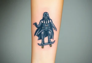Darth Vader skateboarding holding 9mm beretta > bullets > memorial > god > colors > futuristic 
add name "Darth Carter" on skateboard
add date in loving memory 12/29/88-01/06/24 tattoo idea