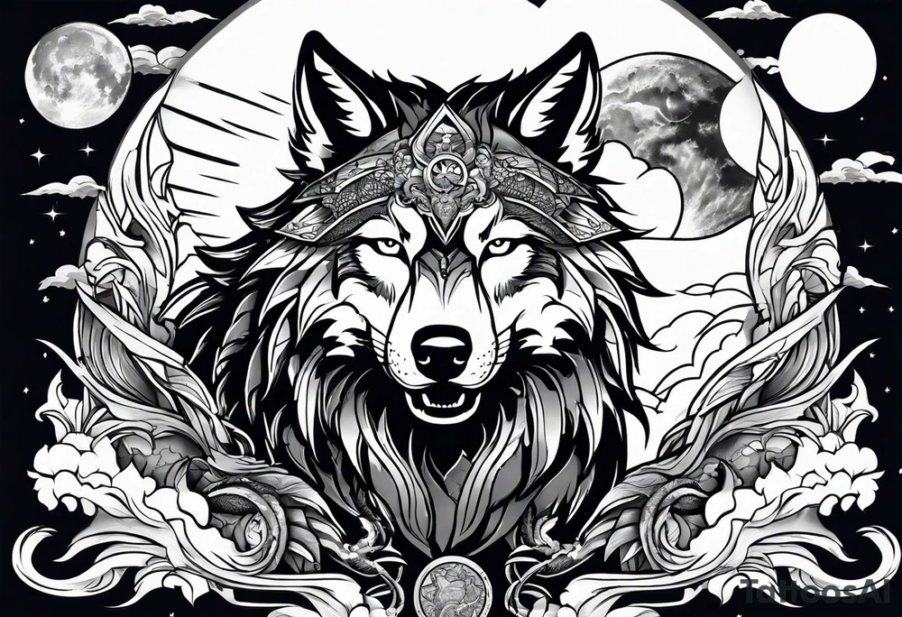 wolf with a dragon above the wolf and lightning and the moon in the background tattoo idea