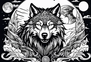wolf with a dragon above the wolf and lightning and the moon in the background tattoo idea