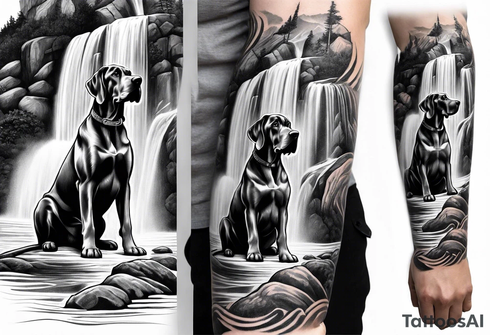 Arm sleeve for man with 4 Great Danes in front of a waterfall outdoor fillwork tattoo idea