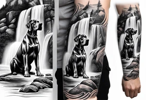 Arm sleeve for man with 4 Great Danes in front of a waterfall outdoor fillwork tattoo idea