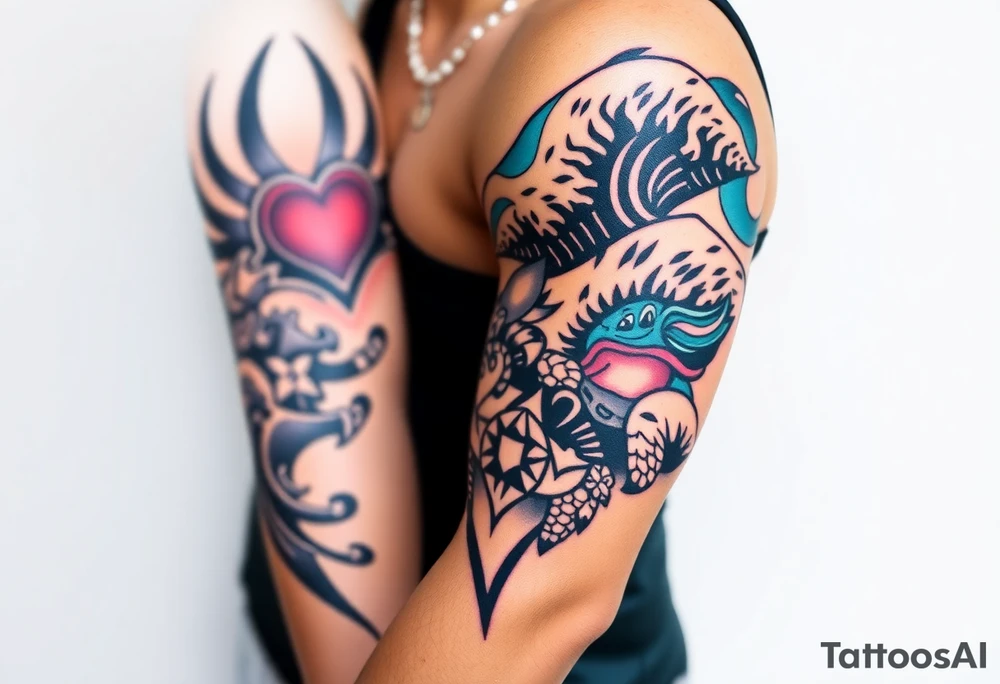 a half sleeve, right side on upper arm, incorporate waves, while adding disney characters lilo and stitch, as well as characters and items from moana, including moana, maui, heihei, pua, heart of tefiti. Making it kind of hawaiian themed, adding some turtles tattoo idea