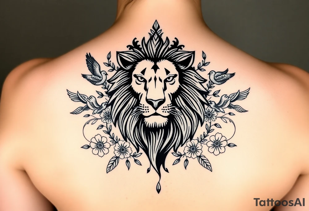 powerful majestic lion with a crown, surrounded by floral ornaments and birds tattoo idea