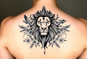 powerful majestic lion with a crown, surrounded by floral ornaments and birds tattoo idea