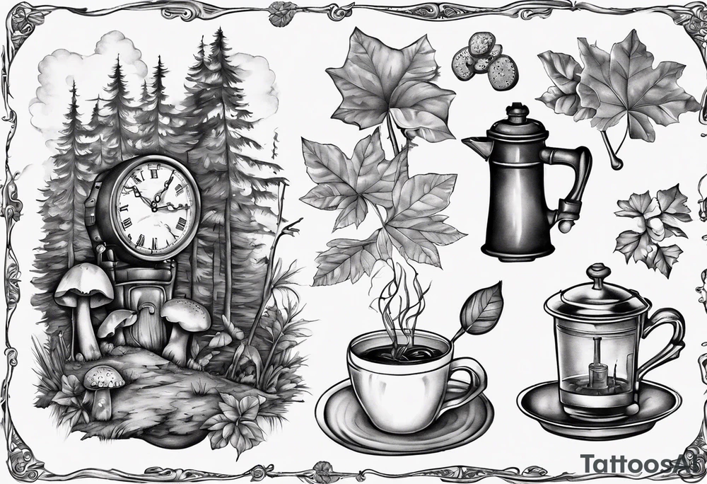 mounting landscape with little boletus in the forest.
Add in a middle an antique clock at 9:44pm. across the tattoo a cinema film. And on top a game of poker 4 cards. a Grandma's walking stick and 
A real Italian coffee maker. tattoo idea