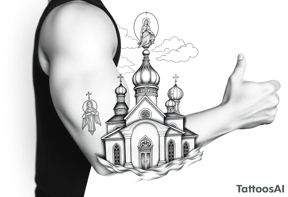 Russian Orthodox church with orthodox spire crosses, with clouds above it and a virgin mary over looking sat above tattoo idea