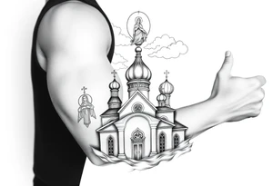 Russian Orthodox church with orthodox spire crosses, with clouds above it and a virgin mary over looking sat above tattoo idea