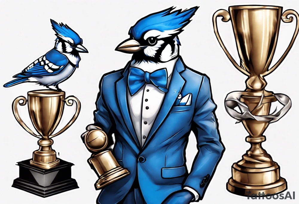 bluejay in a suit holding a trophy tattoo idea