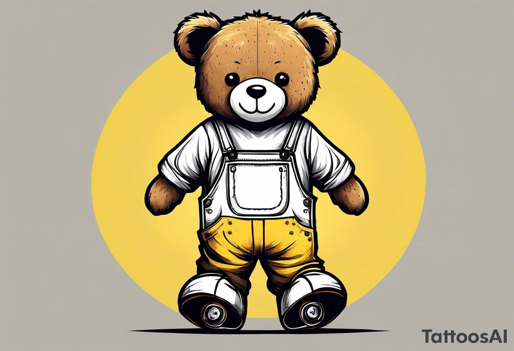 the back of one standing, skinny, brown ,
teddy bear in long, yellow overalls and white roller skates on his feet tattoo idea