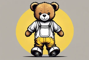 the back of one standing, skinny, brown ,
teddy bear in long, yellow overalls and white roller skates on his feet tattoo idea