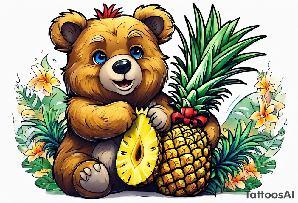bear hugging pineapple tattoo idea