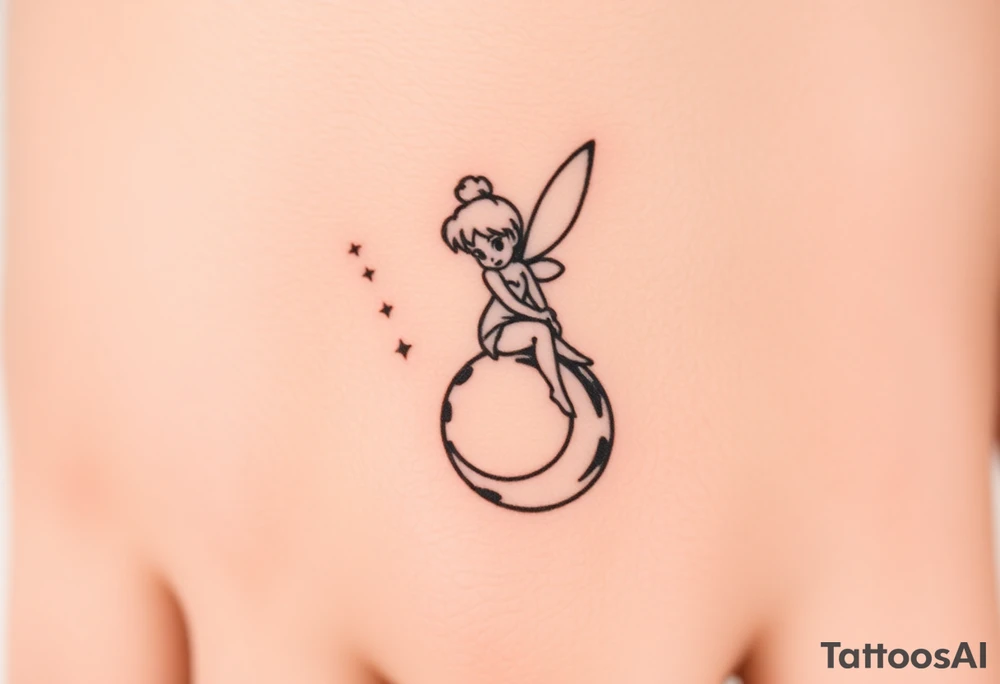 Tinkerbell sitting on a crest moon thrown pixie dust tattoo idea