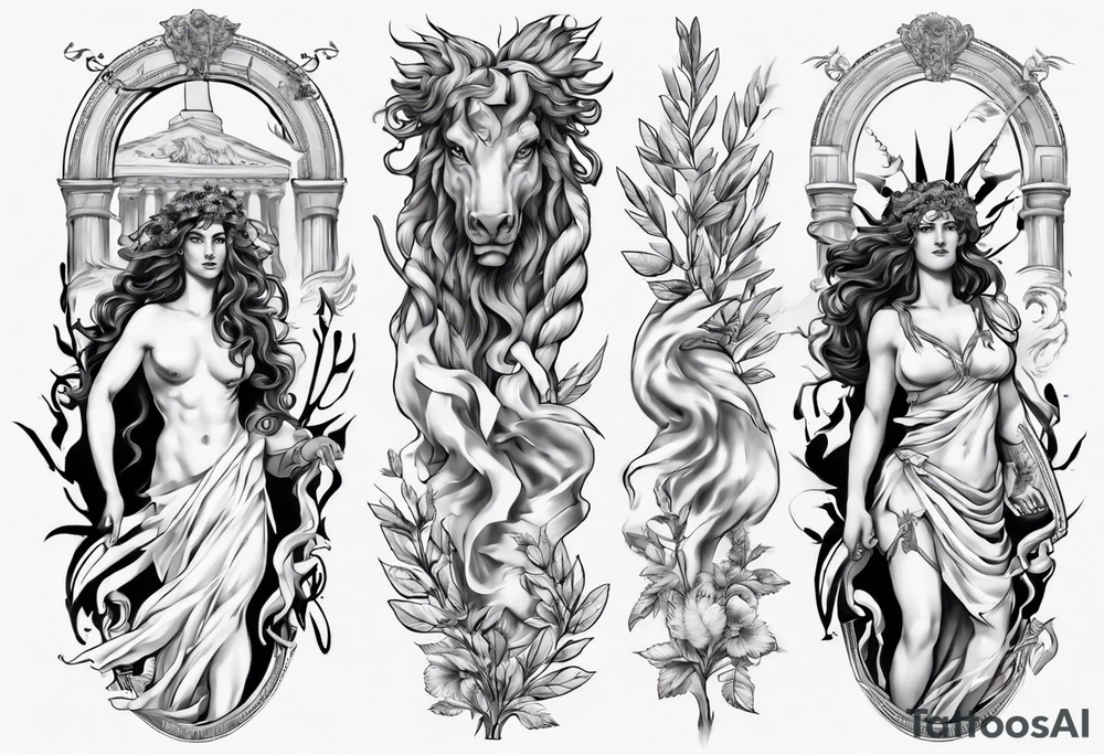 Greek mythology sleeve with Medusa, Zeus, olive branches and a Pegasus tattoo idea