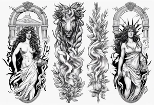 Greek mythology sleeve with Medusa, Zeus, olive branches and a Pegasus tattoo idea