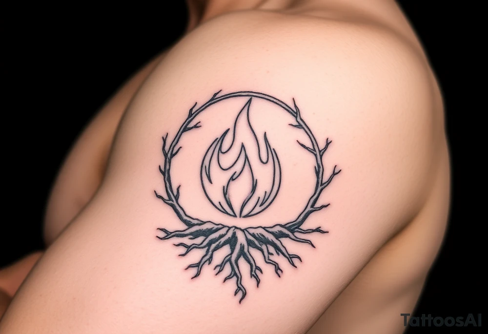 a round flame imprisoned in a roots circle tattoo idea