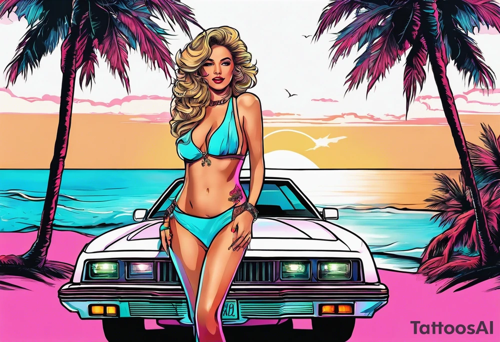1980's miami vice style beach party, tattoo idea