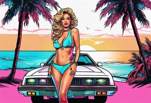 1980's miami vice style beach party, tattoo idea