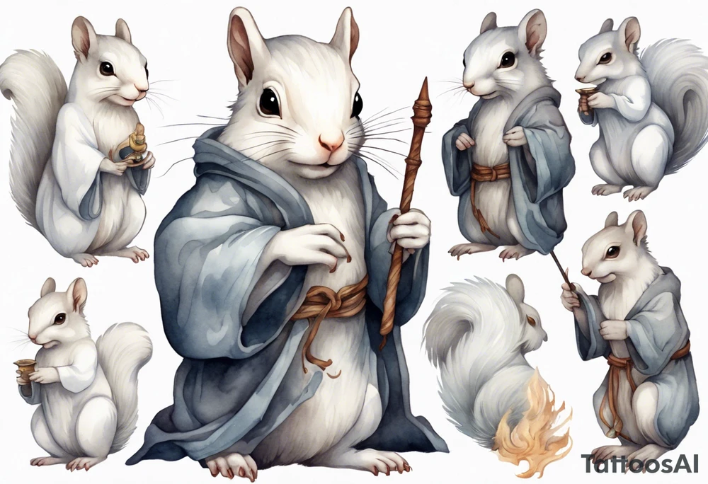 a white squirrel with long hair and a grey robe, holding a wizard's staff tattoo idea