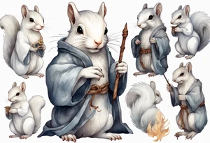 a white squirrel with long hair and a grey robe, holding a wizard's staff tattoo idea