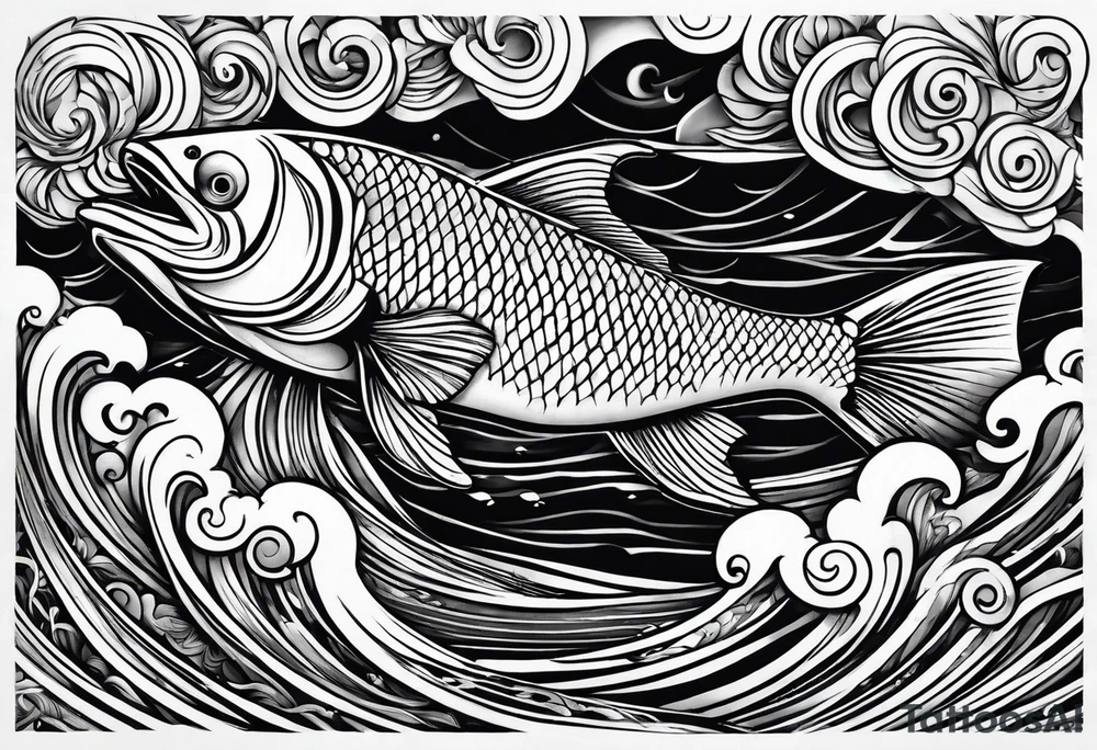 Blues and blacks, waves fish, struggle, determination tattoo idea Blues and blacks, waves fish, struggle, determination tattoo idea