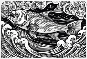 Blues and blacks, waves fish, struggle, determination tattoo idea