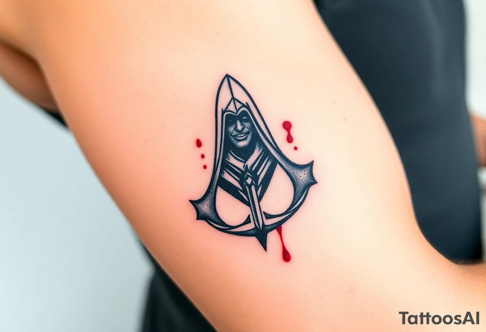 Assassins Creed emblem with hooded character, NO FACE, with blood splashes and a sword tattoo idea