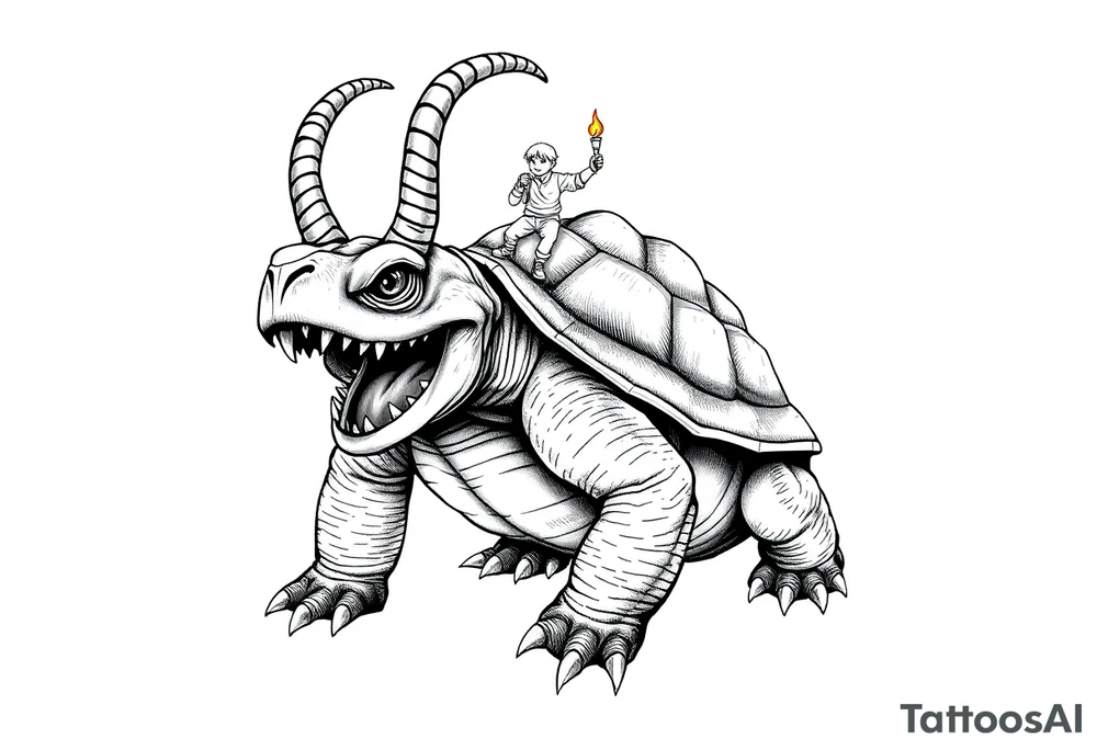 2 slaves powerful and angry turtle with goat horns and huge teeth and ALIEN EYES WITH a tiny guy riding on the back holding a torch tattoo idea