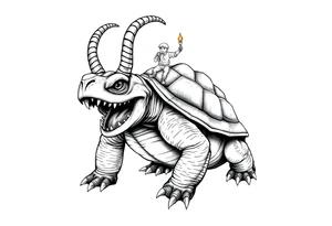 2 slaves powerful and angry turtle with goat horns and huge teeth and ALIEN EYES WITH a tiny guy riding on the back holding a torch tattoo idea