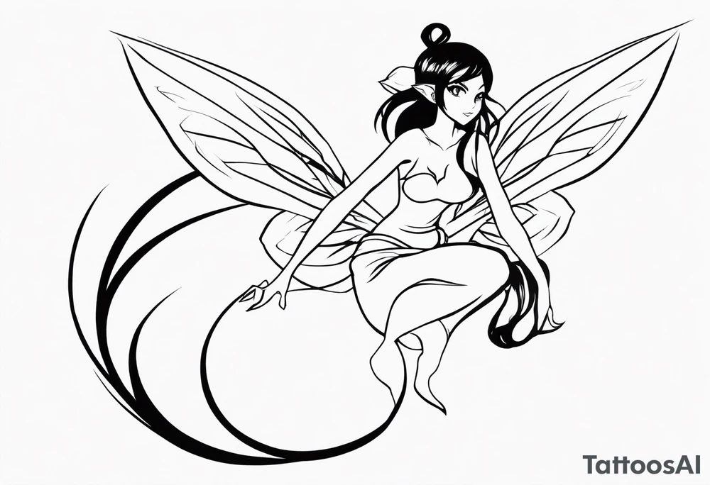 No color sketch of a fairy with a tail inspired by the guild symbol in the anime show called Fairy Tail in a fetal position leaning forward while crawled in and her body is an angle while floating in the air with big wings tattoo idea